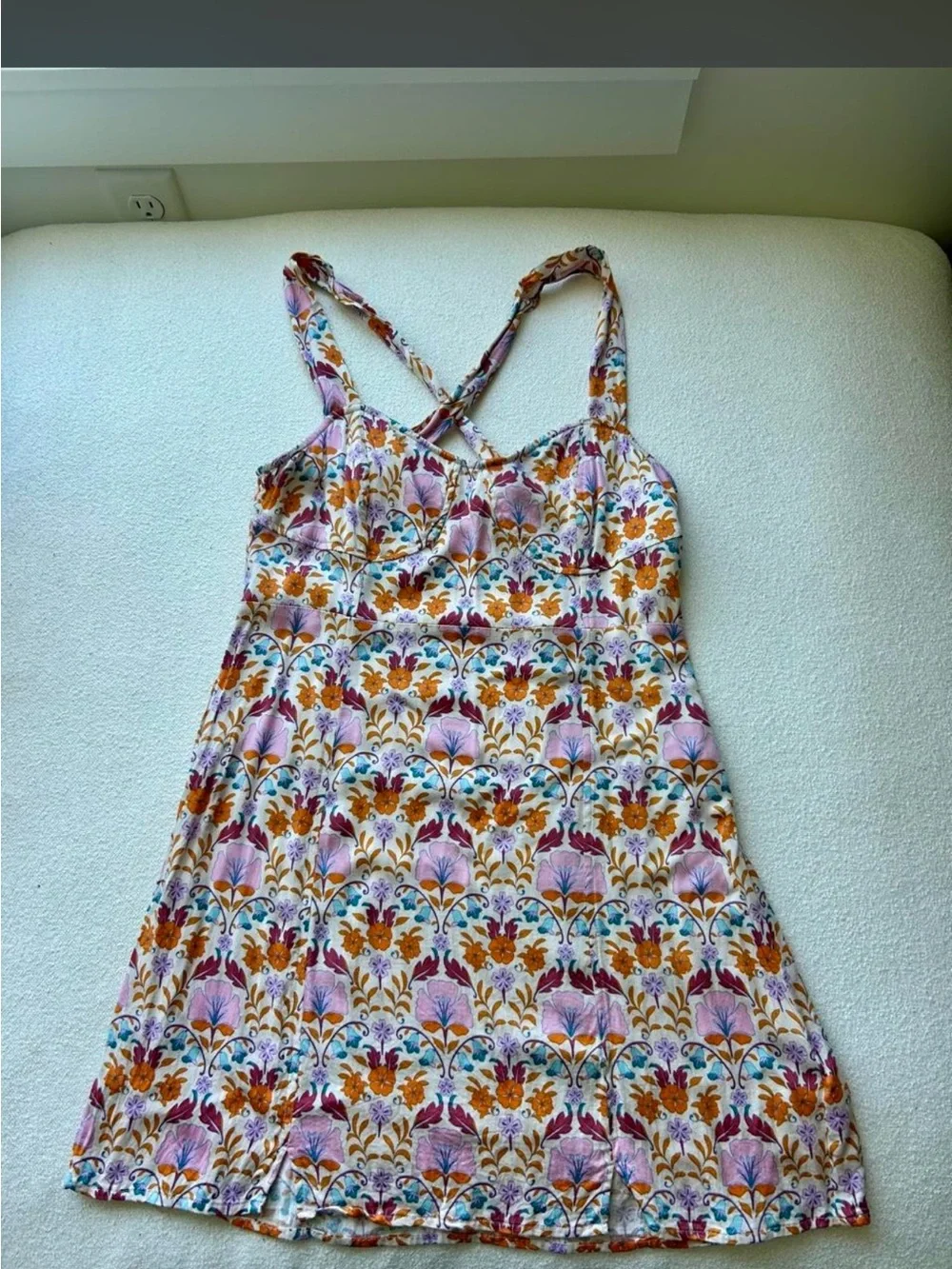 Free People White Floral Mini Dress with Pink and Orange Accents
